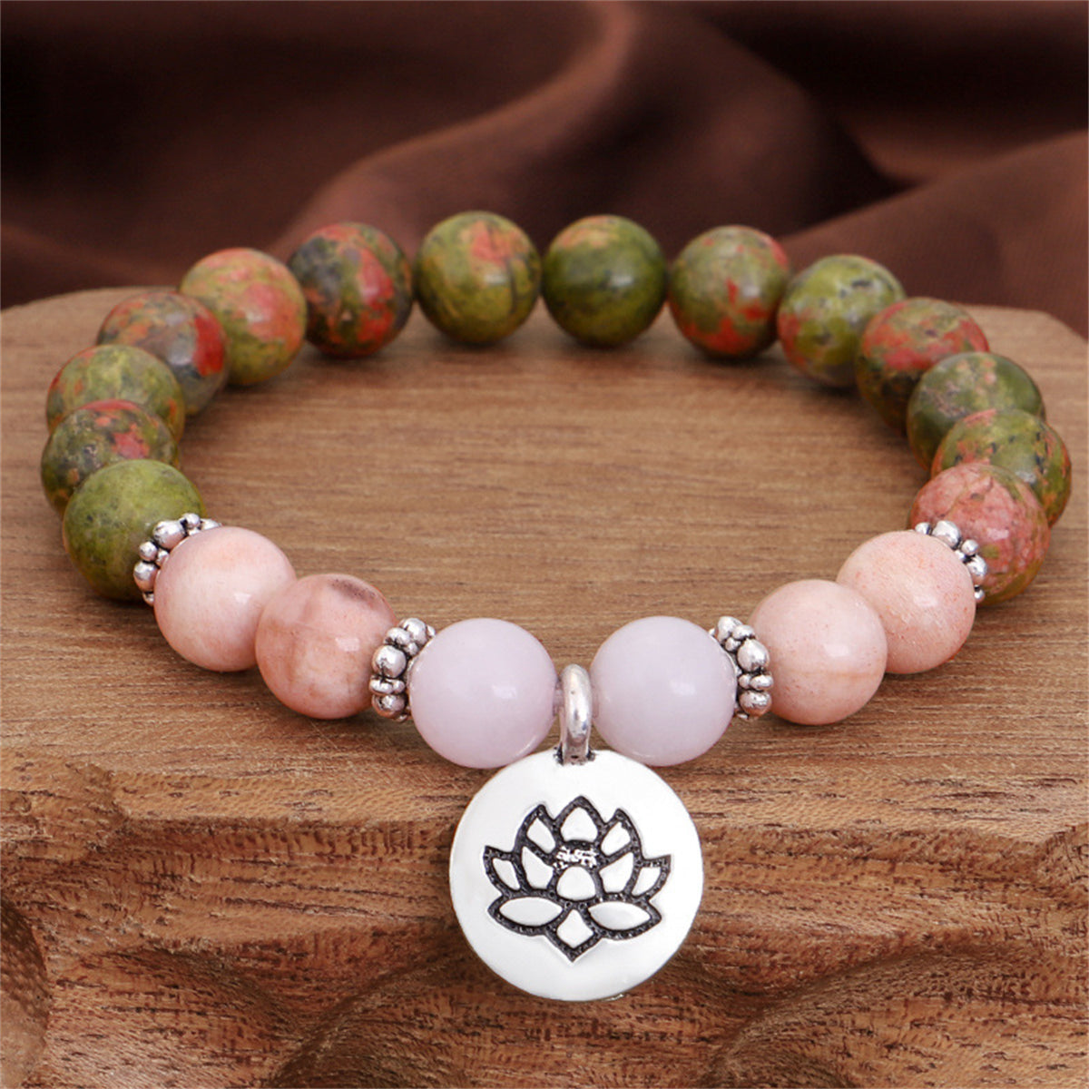 Pink Quartz and Silver-Plated Lotus Charm Beaded Stretch Bracelet, silver bracelet for women, styled look