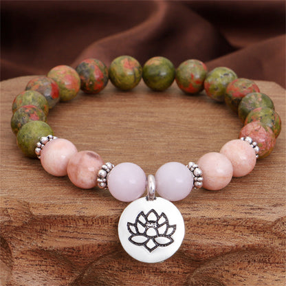 Pink Quartz and Silver-Plated Lotus Charm Beaded Stretch Bracelet, silver bracelet for women, styled look