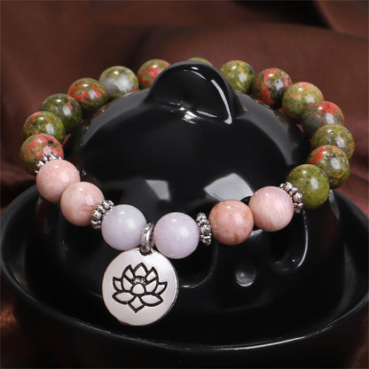 Pink Quartz and Silver-Plated Lotus Charm Beaded Stretch Bracelet, silver bracelet for women, side view