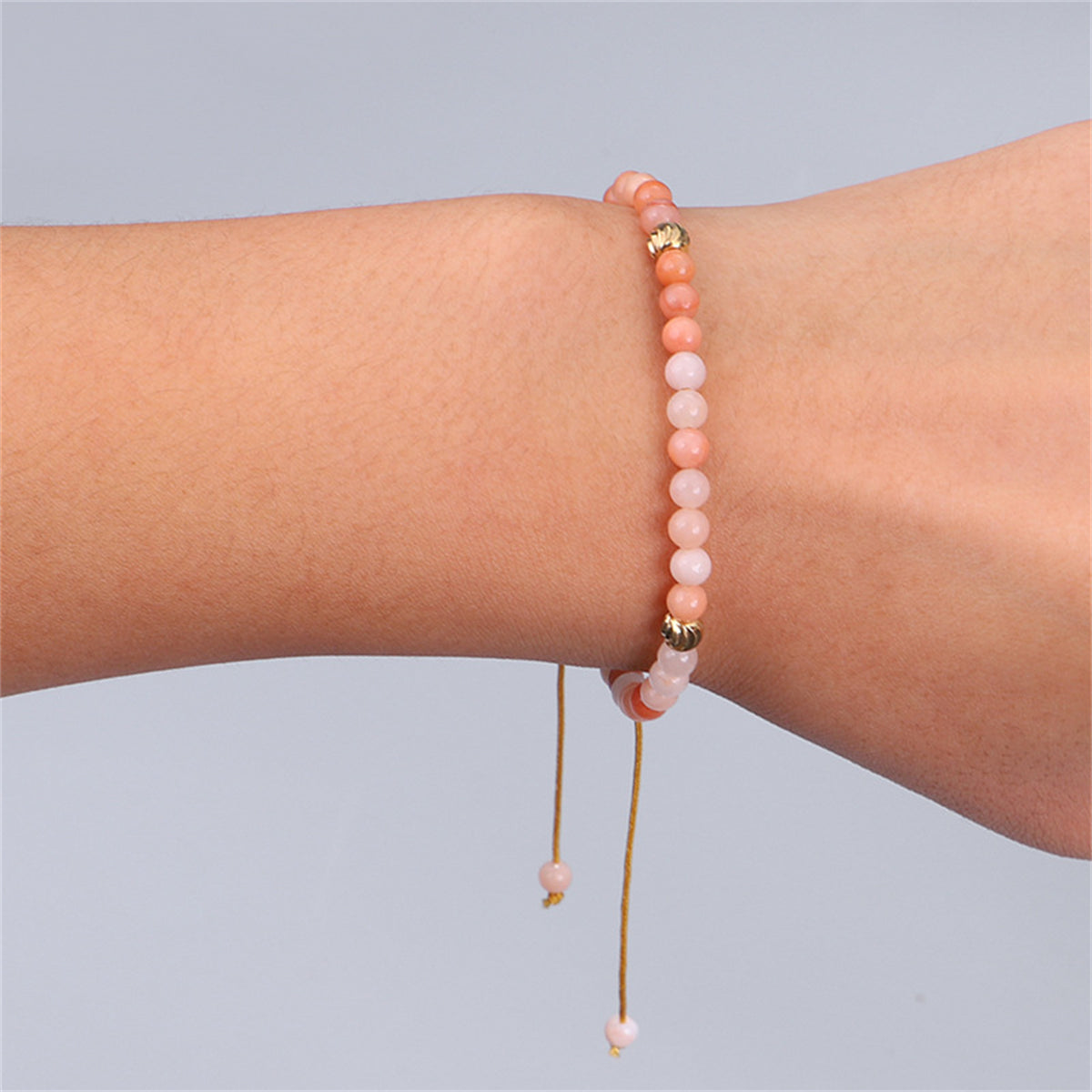 Pink Quartz and 18K Gold-Plated Beaded Adjustable Bracelet, gold bracelet for women, elegant gift for her, front view