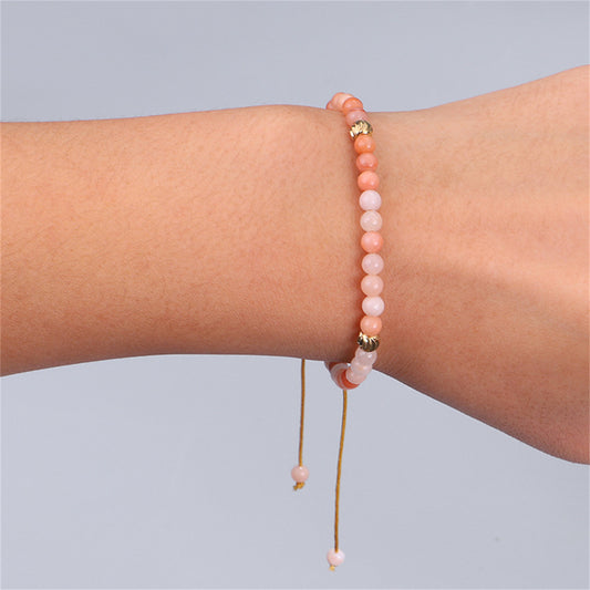Pink Quartz and 18K Gold-Plated Beaded Adjustable Bracelet, gold bracelet for women, elegant gift for her, front view