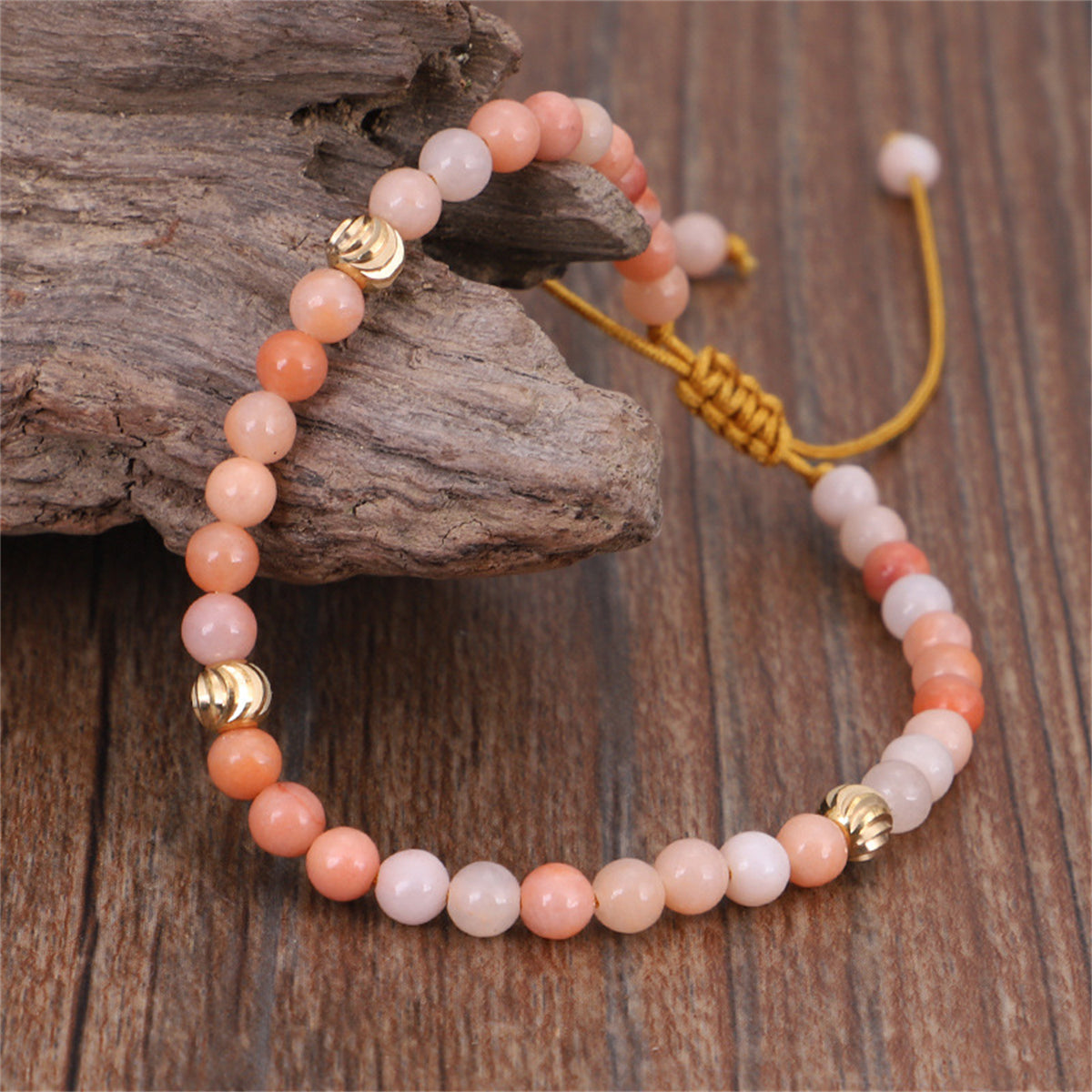 Pink Quartz and 18K Gold-Plated Beaded Adjustable Bracelet, gold bracelet for women, elegant gift for her, side view