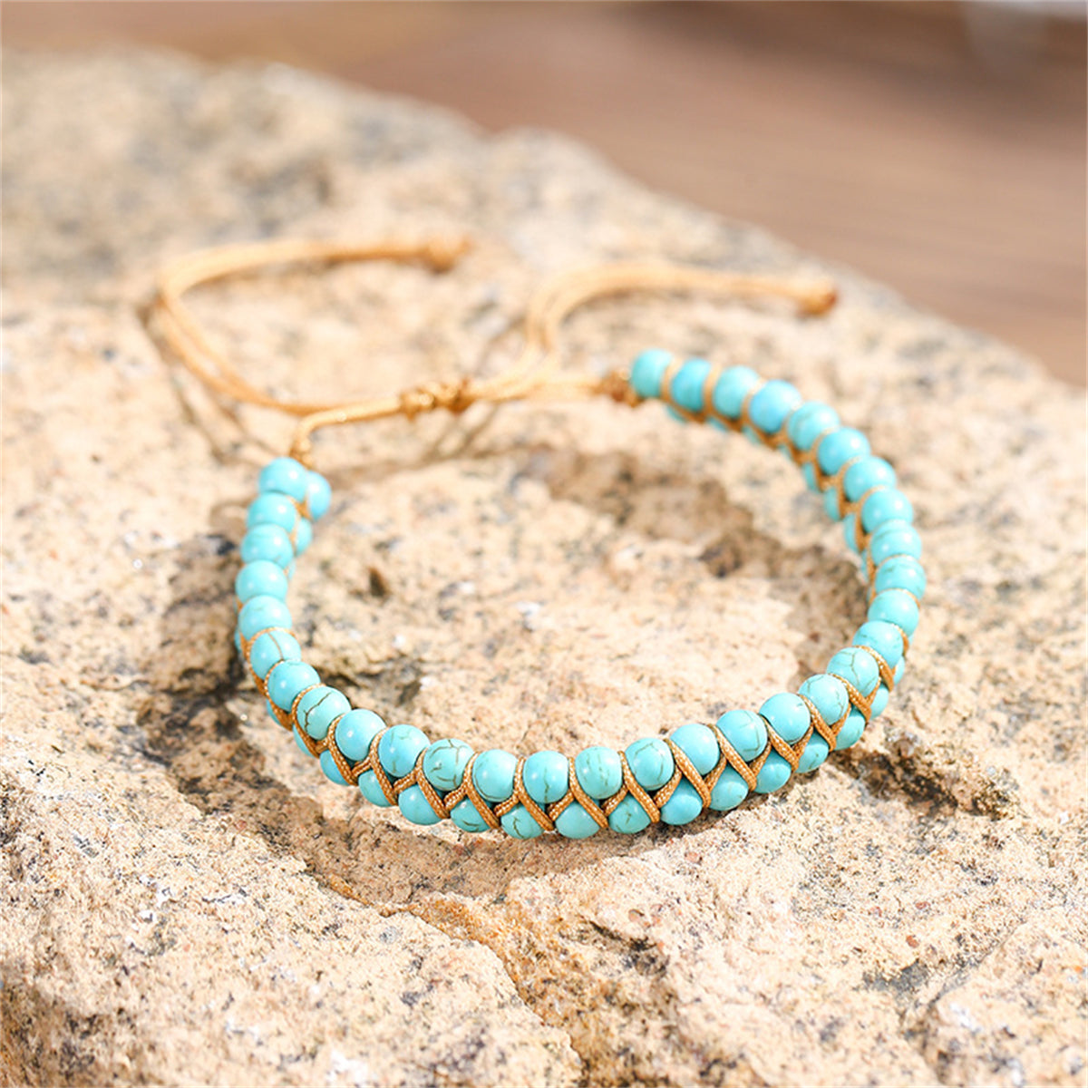 Turquoise and Brown Layered Beaded Adjustable Bracelet, bracelet for women, vintage-inspired design, detail close-up
