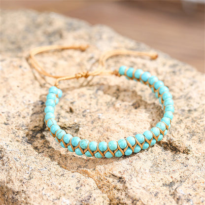 Turquoise and Brown Layered Beaded Adjustable Bracelet, bracelet for women, vintage-inspired design, detail close-up