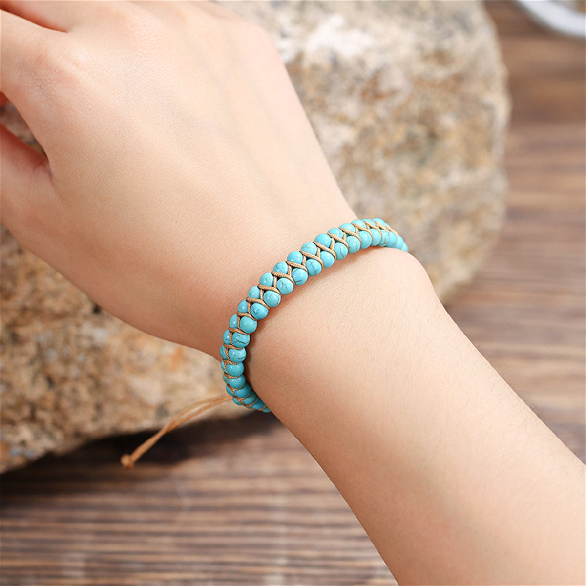 Turquoise and Brown Layered Beaded Adjustable Bracelet, bracelet for women, vintage-inspired design, front view