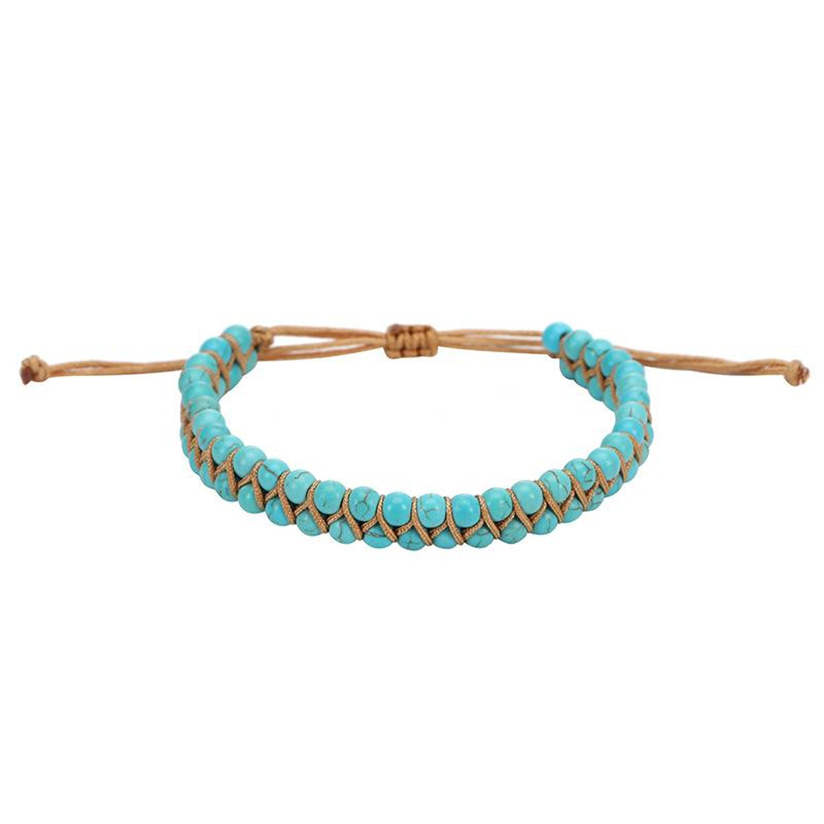 Turquoise and Brown Layered Beaded Adjustable Bracelet, bracelet for women, vintage-inspired design, side view