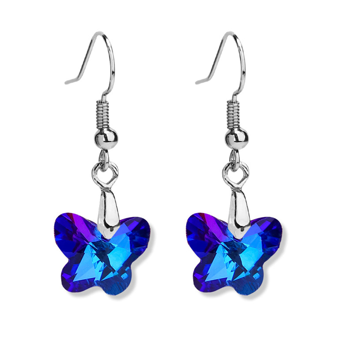 Blue Crystal and Silver-Plated Butterfly Drop Earrings, silver drop earrings for women, vintage-inspired design, front view