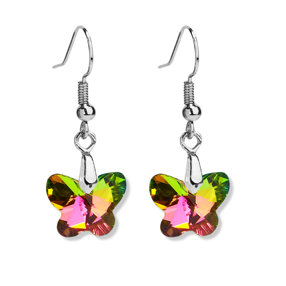 Green and Red Crystal Butterfly Drop Earrings, drop earrings for women, vintage-inspired design, front view