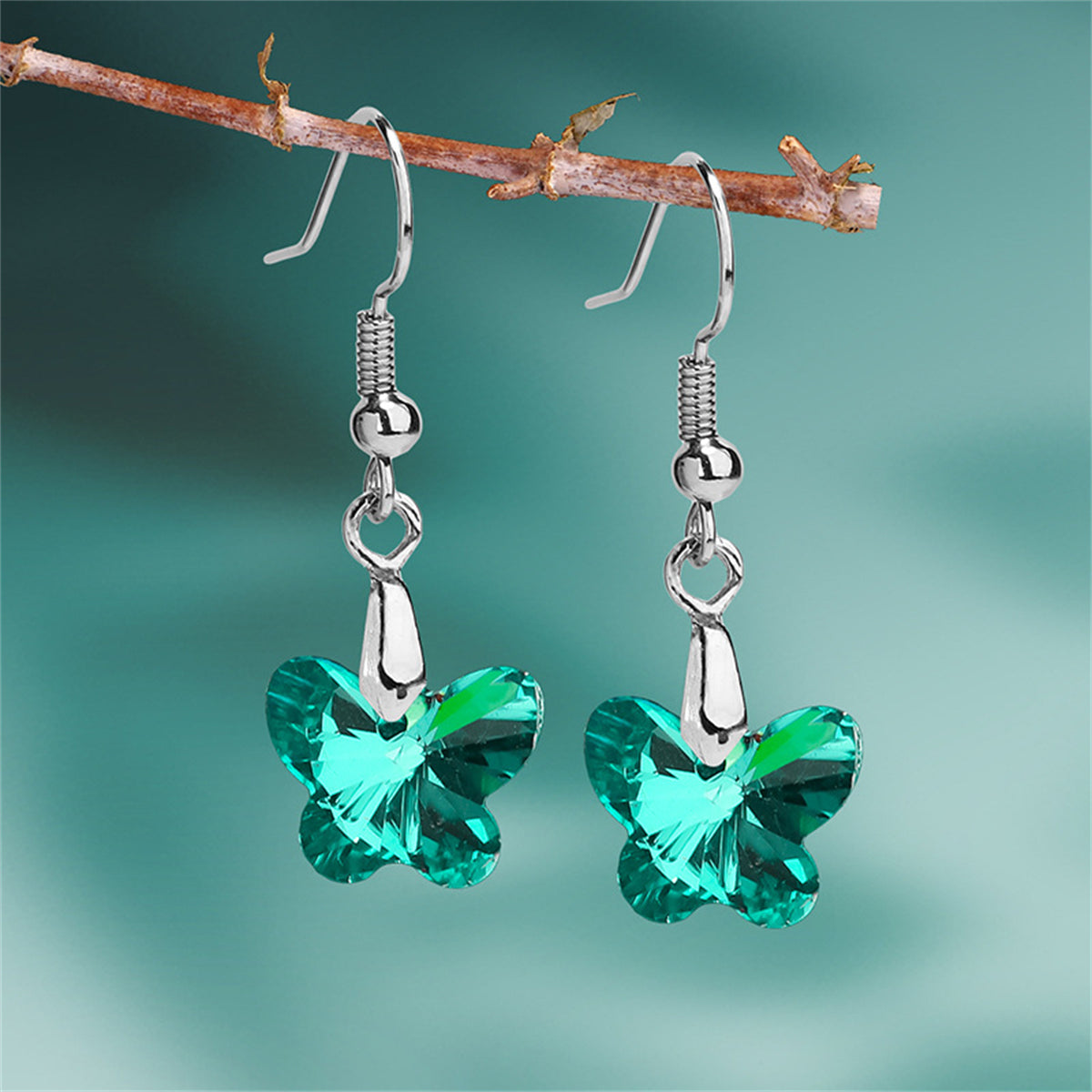 Green Crystal and Silver-Plated Butterfly Drop Earrings, silver drop earrings for women, botanical inspired, front view