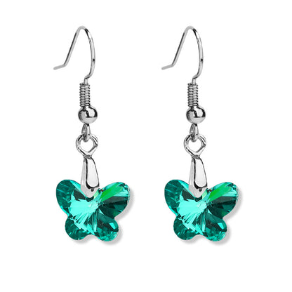 Green Crystal and Silver-Plated Butterfly Drop Earrings, silver drop earrings for women, botanical inspired, side view