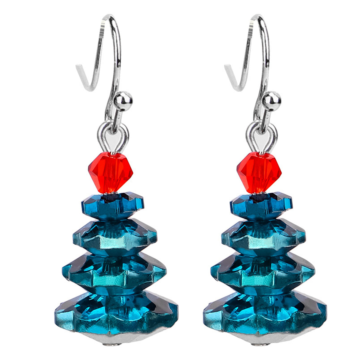 Blue Crystal and Red Stacked Festive Tree Drop Earrings, drop earrings for women, everyday style, front view