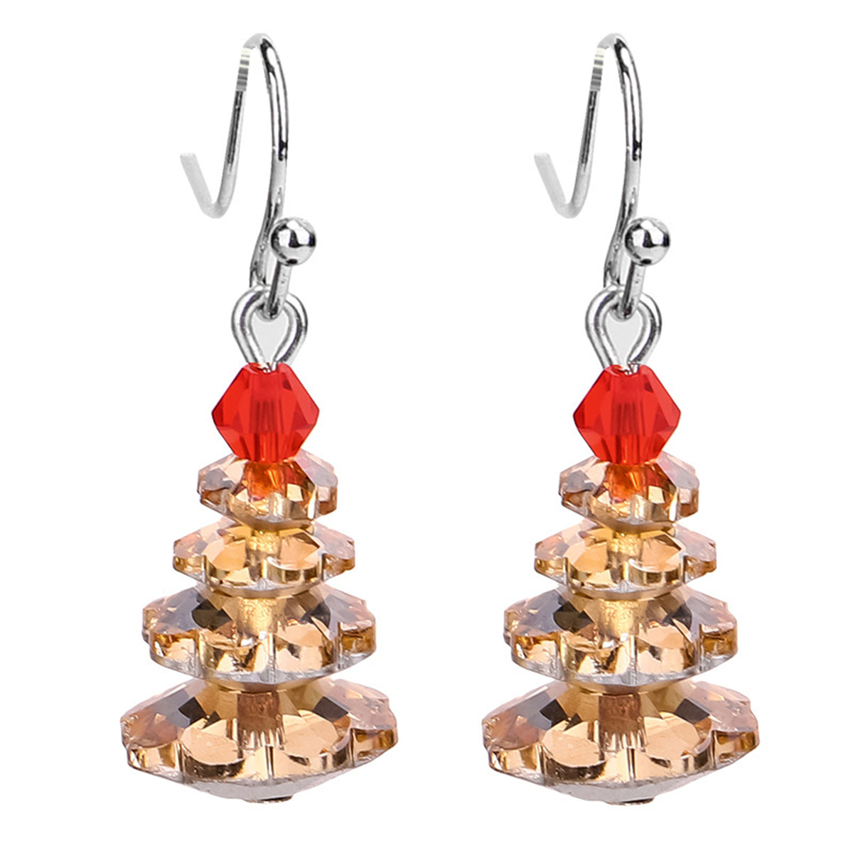 Champagne Crystal and Red Stacked Festive Tree Drop Earrings, drop earrings for women, vintage-inspired design, front view