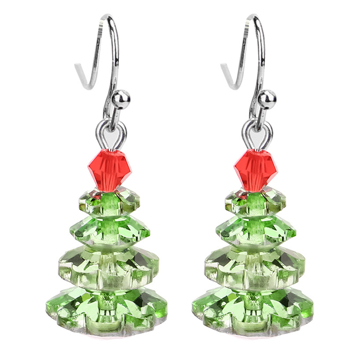 Green Crystal and Silver-Plated Christmas Tree Drop Earrings, silver drop earrings for women, front view