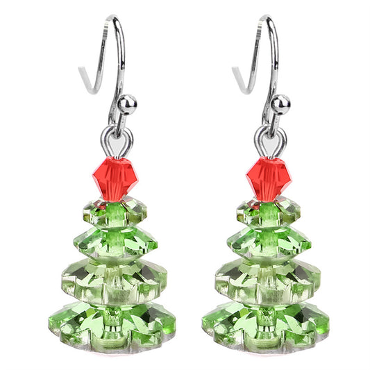 Green Crystal and Silver-Plated Christmas Tree Drop Earrings, silver drop earrings for women, front view