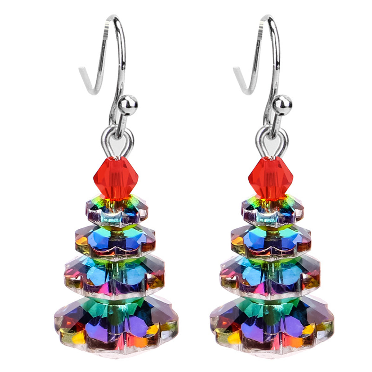 Iridescent Crystal and Red Stacked Festive Tree Drop Earrings, drop earrings for women, elegant gift for her, front view