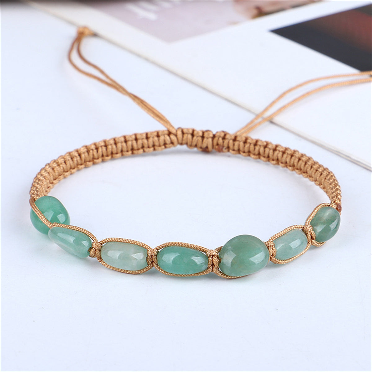 Green Quartz and Brown Adjustable Bracelet, bracelet for women, elegant gift for her, front view