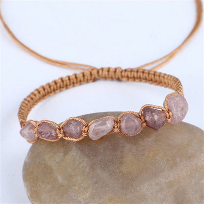 Rose Quartz and Brown Adjustable Bracelet, bracelet for women, vintage-inspired design, front view