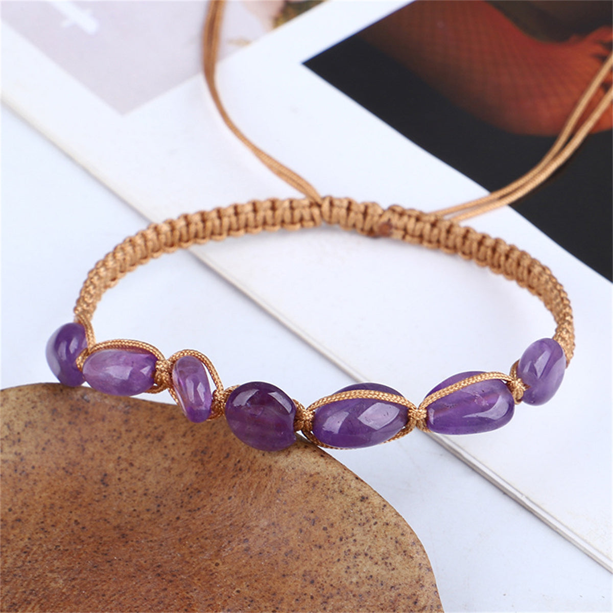 Purple Quartz and Brown Adjustable Bracelet, bracelet for women, everyday style, front view