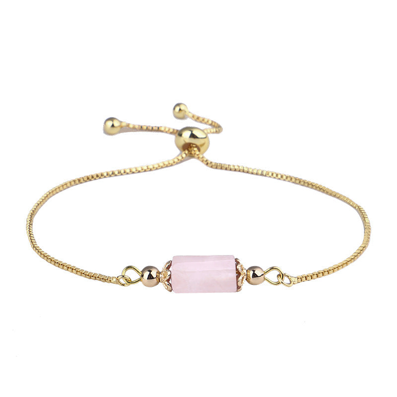Pink Quartz and 18K Gold-Plated Prism Charm Adjustable Bracelet, gold bracelet for women, front view