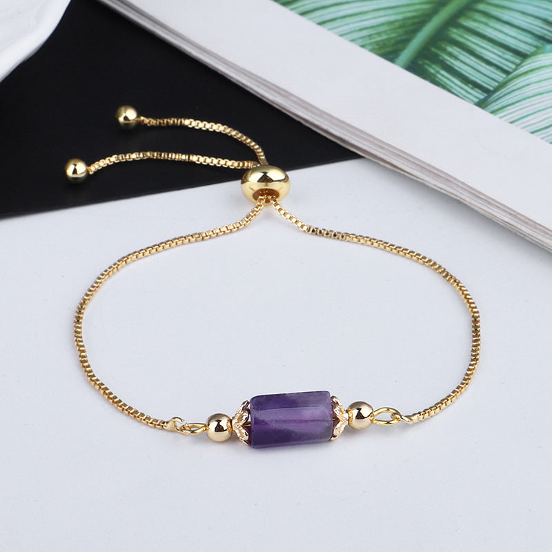 Purple Quartz and 18K Gold-Plated Prism Charm Adjustable Bracelet, gold bracelet for women, elegant gift for her, front view