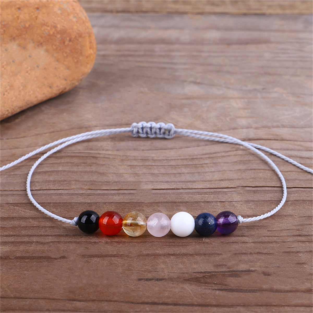 Multicolor Quartz and White Beaded Adjustable Bracelet, bracelet for women, dainty minimalist design, front view