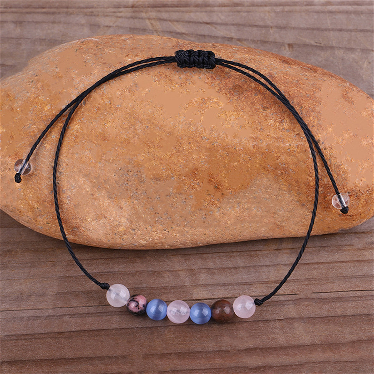 Quartz and Black Beaded Adjustable Bracelet, bracelet for women, botanical inspired, detail close-up
