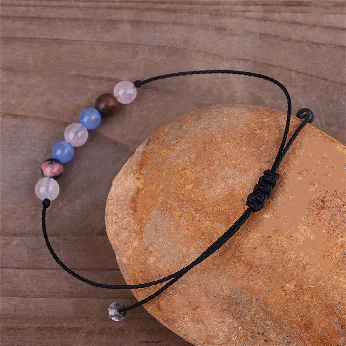 Quartz & Black Beaded Adjustable Bracelet