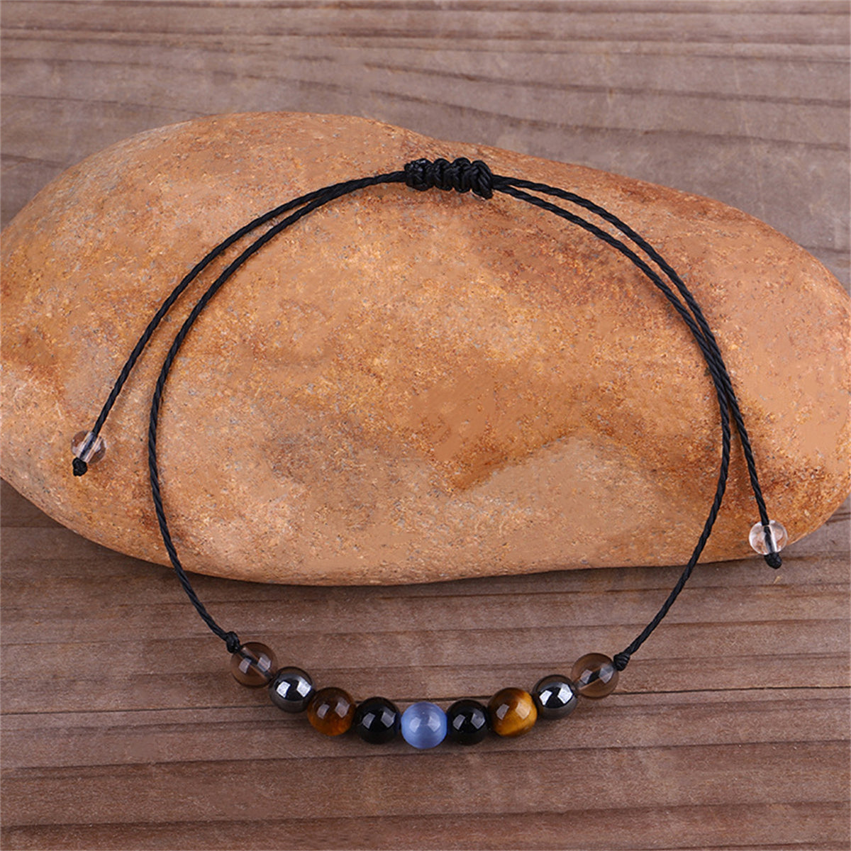 Quartz and Black Beaded Adjustable Bracelet, bracelet for women, vintage-inspired design, front view