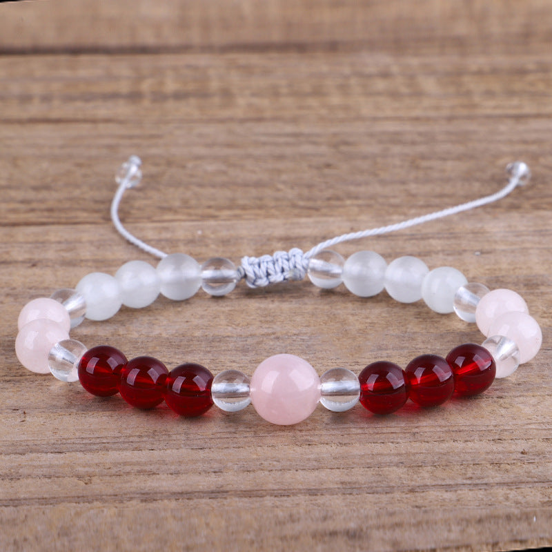 Pink Quartz and Red Beaded Adjustable Bracelet, bracelet for women, elegant gift for her, front view
