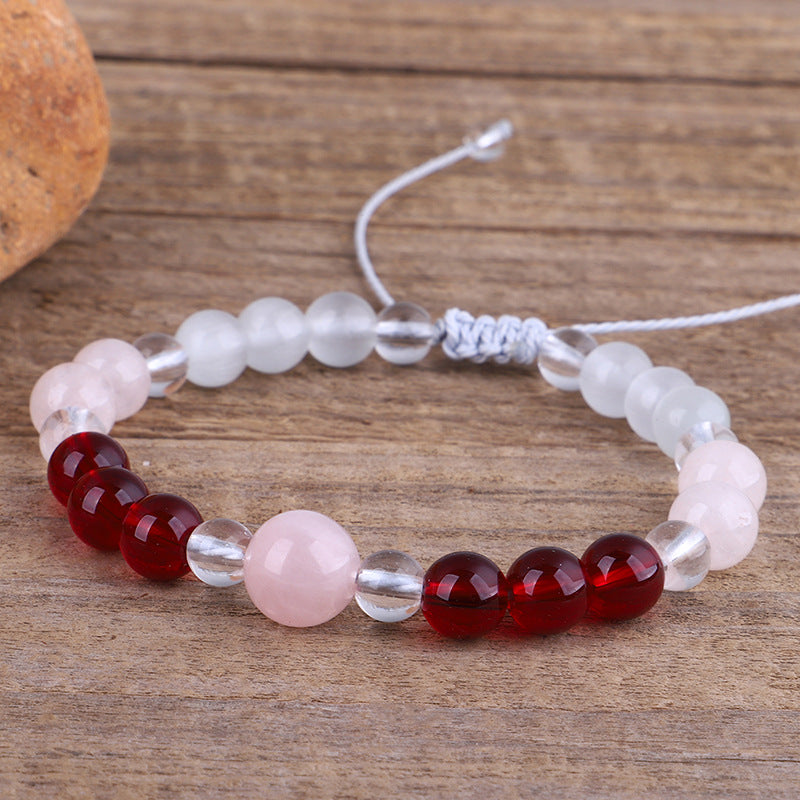 Pink Quartz and Red Beaded Adjustable Bracelet, bracelet for women, elegant gift for her, side view