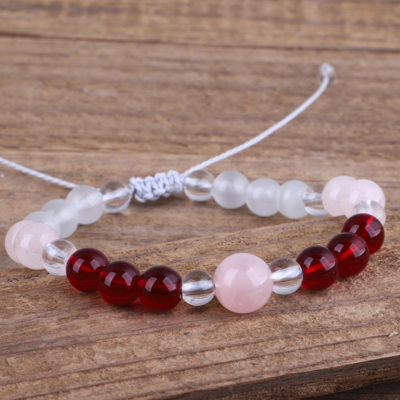 Pink Quartz and Red Beaded Adjustable Bracelet, bracelet for women, elegant gift for her, detail close-up