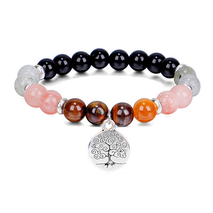 Pink Quartz and Silver-Plated Life Tree Charm Stretch Bracelet, silver bracelet for women, botanical inspired, front view