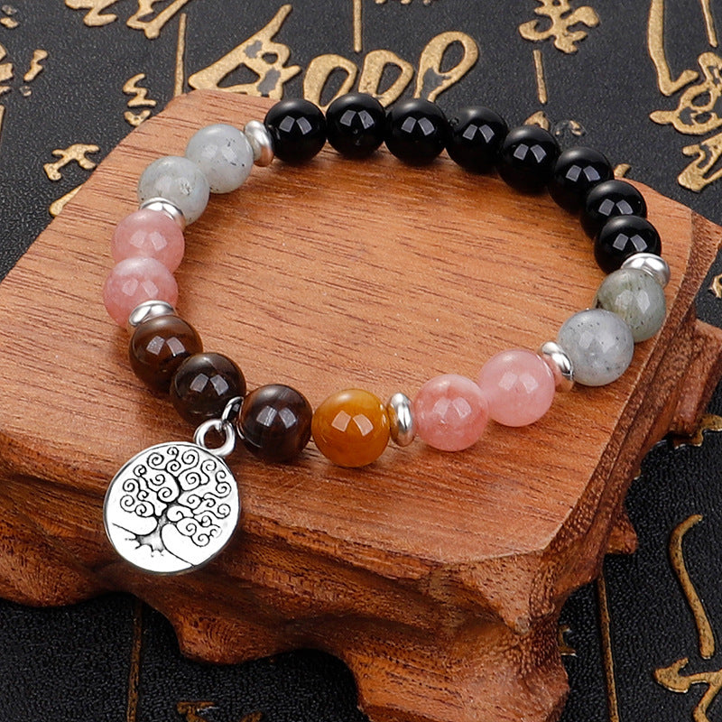 Pink Quartz and Silver-Plated Life Tree Charm Stretch Bracelet, silver bracelet for women, detail close-up