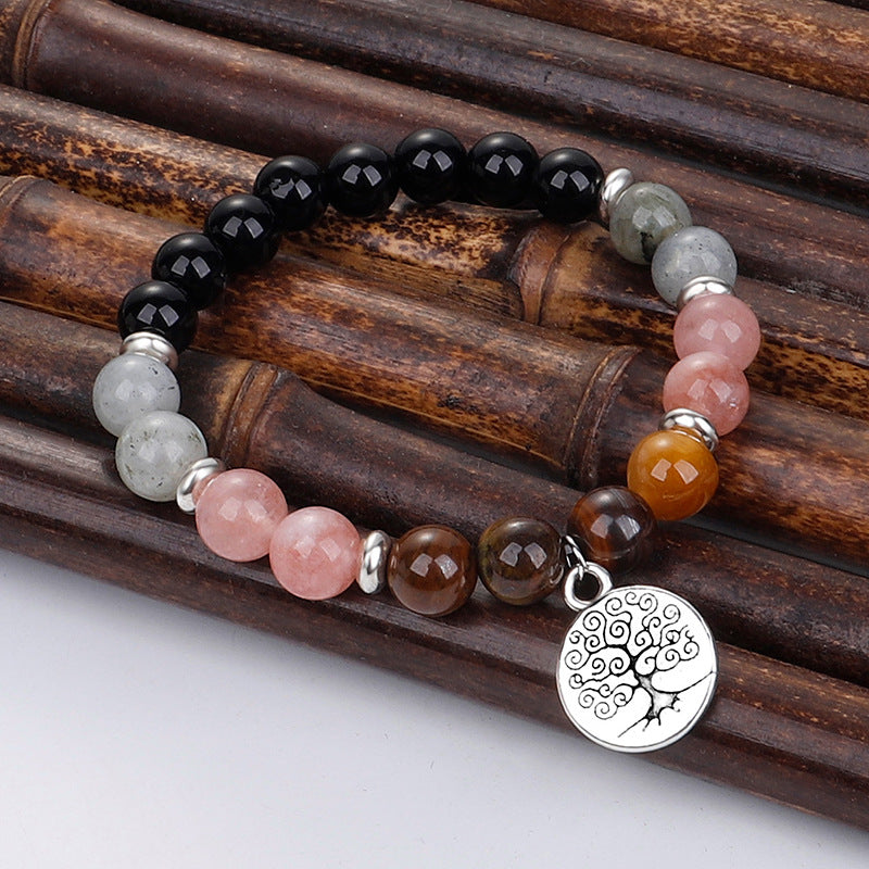 Pink Quartz and Silver-Plated Life Tree Charm Stretch Bracelet, silver bracelet for women, botanical inspired, lifestyle look