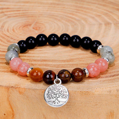 Pink Quartz and Silver-Plated Life Tree Charm Stretch Bracelet, silver bracelet for women, botanical inspired, styled look