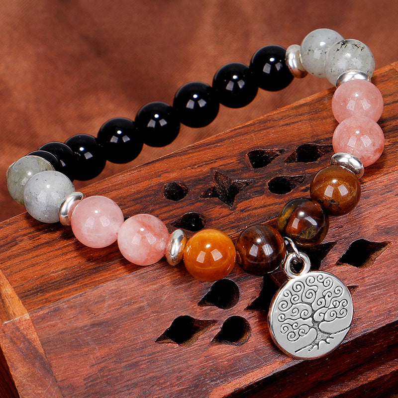 Pink Quartz and Silver-Plated Life Tree Charm Stretch Bracelet, silver bracelet for women, botanical inspired, side view