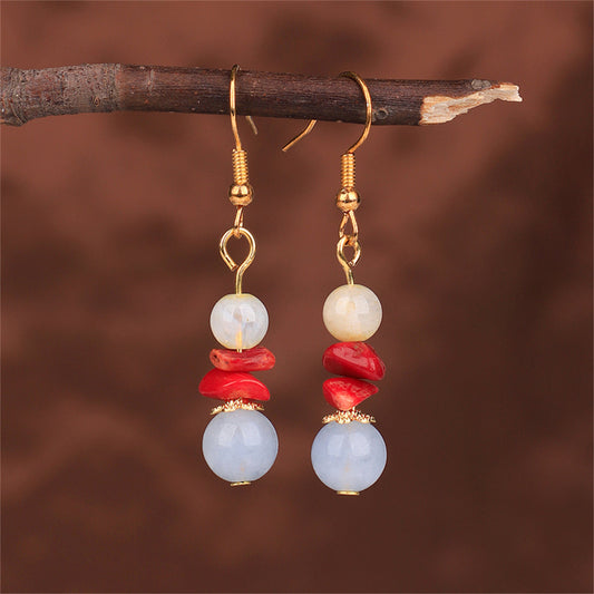 Sea Blue Quartz and 18K Gold-Plated Beads Drop Earrings, gold drop earrings for women, dainty minimalist design, front view