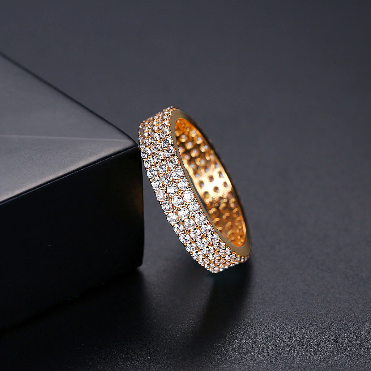 Cubic Zirconia and 18K Gold-Plated Pavé Band, gold statement rings for women, botanical inspired, detail close-up
