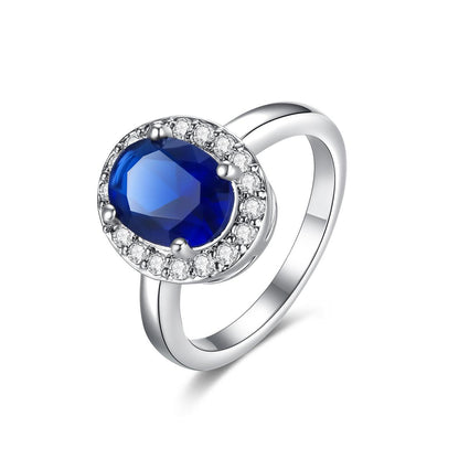 Blue Crystal and Cubic Zirconia Silver-Plated Halo Oval Ring, silver statement rings for women, detail close-up
