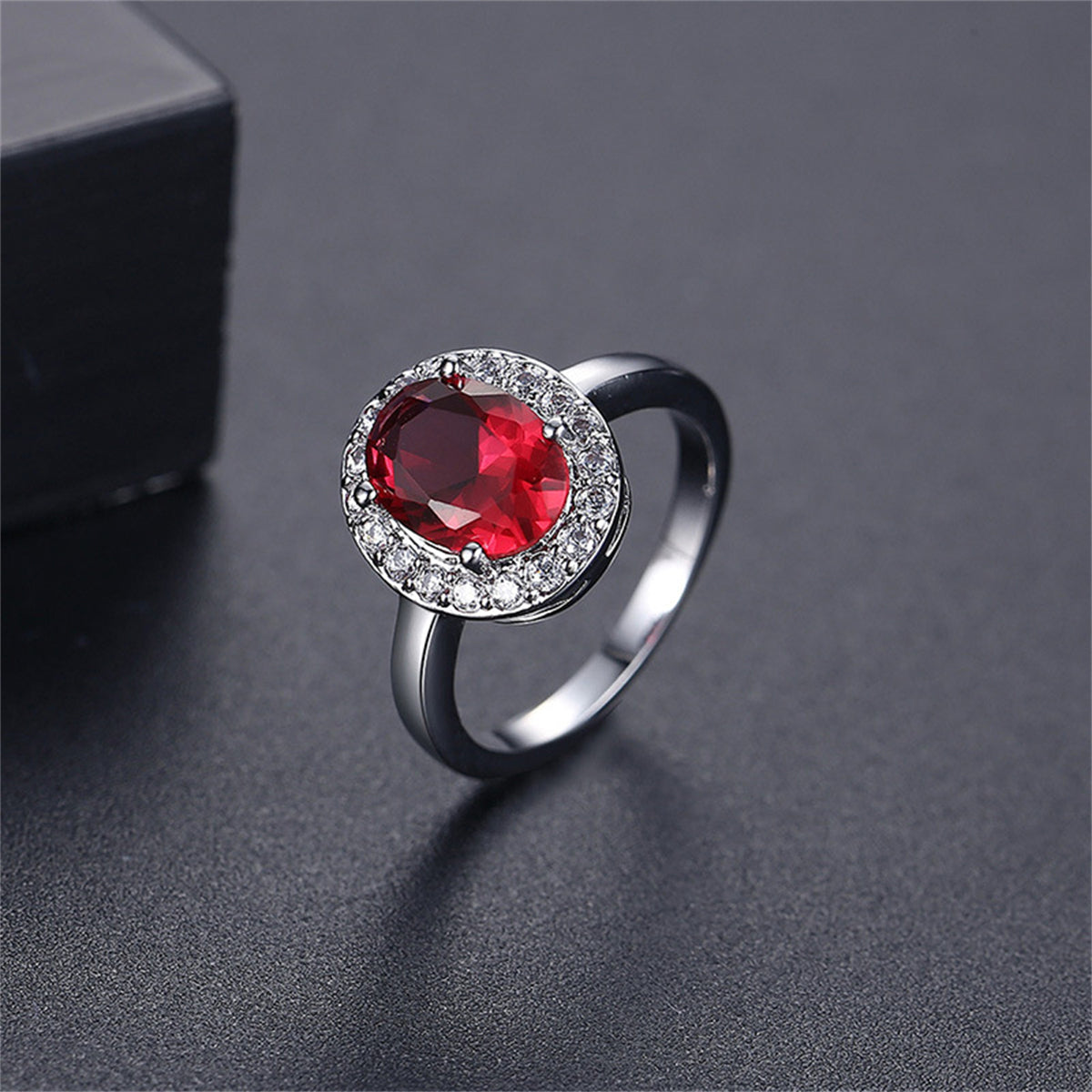 Red Crystal and Cubic Zirconia Silver-Plated Halo Oval Ring, silver statement rings for women, everyday style, front view