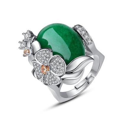 Cubic Zirconia and Green Quartz Flower Adjustable Ring, statement rings for women, everyday style, side view