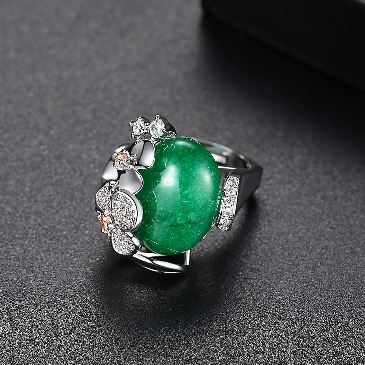 Cubic Zirconia and Green Quartz Flower Adjustable Ring, statement rings for women, everyday style, detail close-up