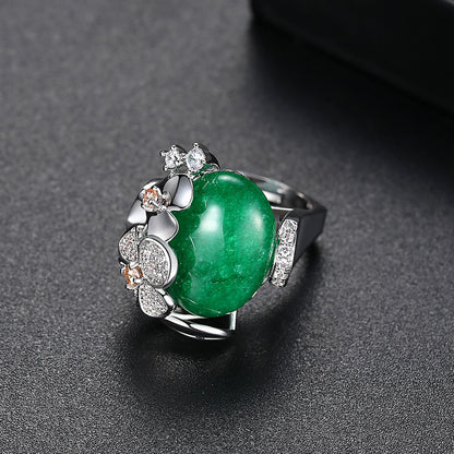 Cubic Zirconia and Green Quartz Flower Adjustable Ring, statement rings for women, everyday style, detail close-up