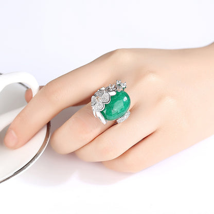 Cubic Zirconia and Green Quartz Flower Adjustable Ring, statement rings for women, everyday style, front view