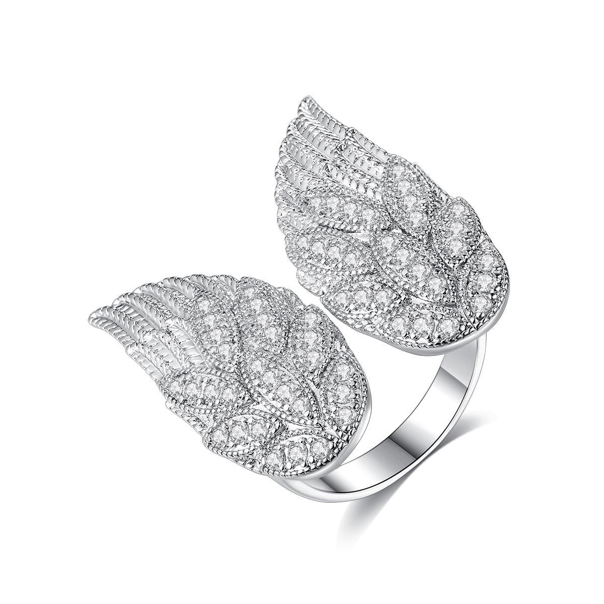 Cubic Zirconia and Silver-Plated Wings Open Ring, silver statement rings for women, botanical inspired, front view