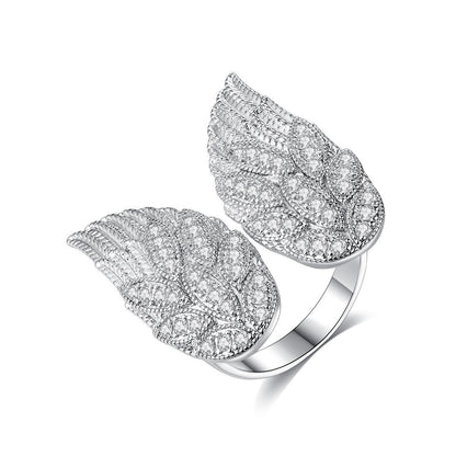 Cubic Zirconia and Silver-Plated Wings Open Ring, silver statement rings for women, botanical inspired, front view