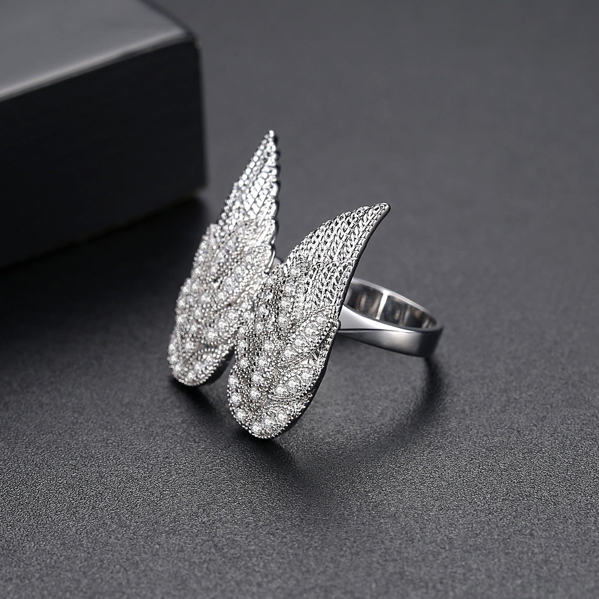 Cubic Zirconia and Silver-Plated Wings Open Ring, silver statement rings for women, botanical inspired, side view