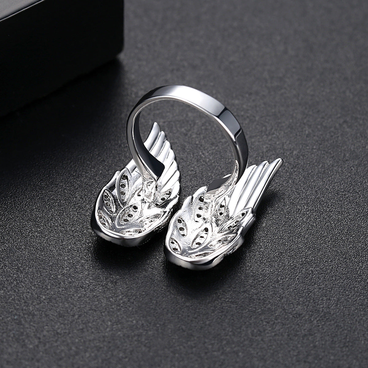 Cubic Zirconia and Silver-Plated Wings Open Ring, silver statement rings for women, botanical inspired, detail close-up