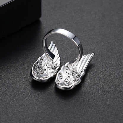 Cubic Zirconia and Silver-Plated Wings Open Ring, silver statement rings for women, botanical inspired, detail close-up