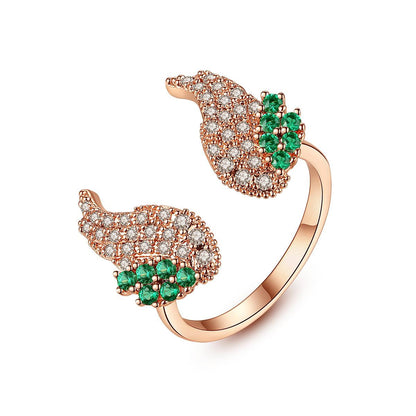 Green Cubic Zirconia and 18K Rose Gold-Plated Wing Open Ring, rose gold statement rings for women, everyday style, front view